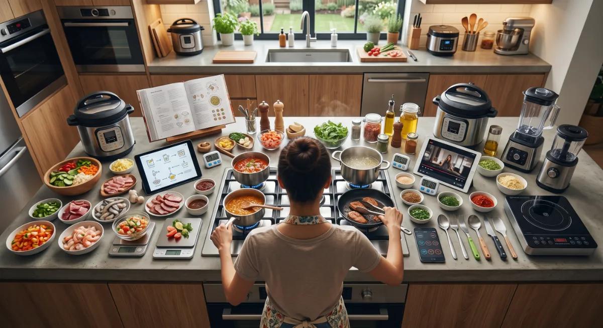 A kitchen counter covered with prepped ingredients, an open cookbook and recipe screens