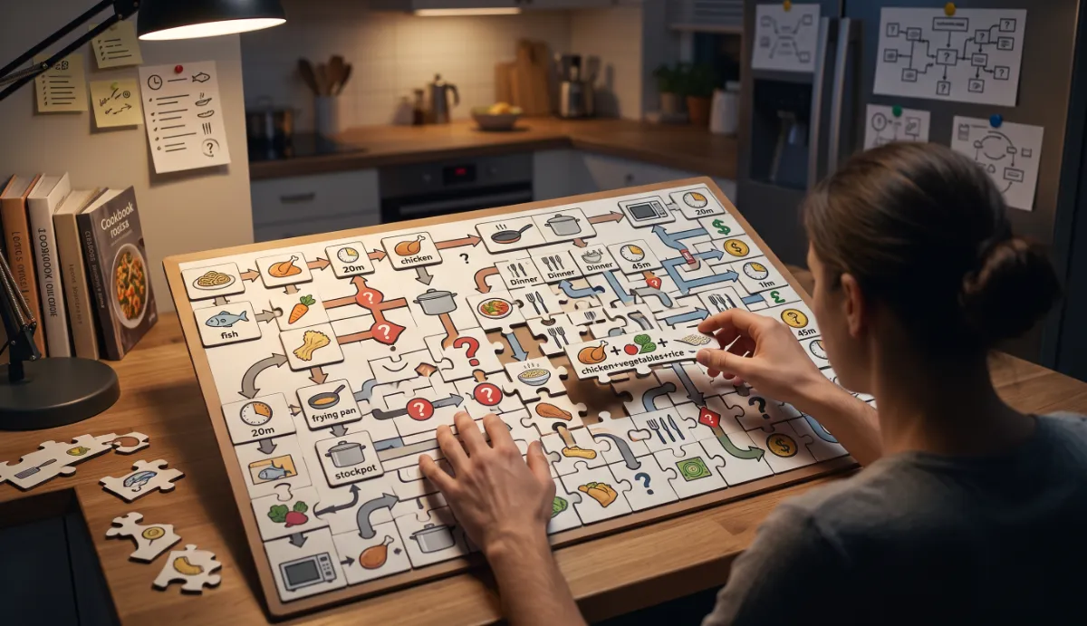 Assembling a week of meals like a jigsaw puzzle on a kitchen table